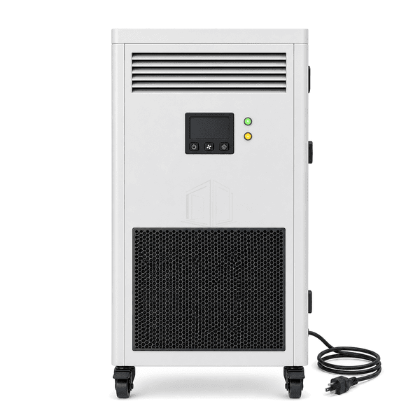 Front elevation of medical air disinfection unit showing upper outlet, display, status lamps, lower intake grille and braked casters