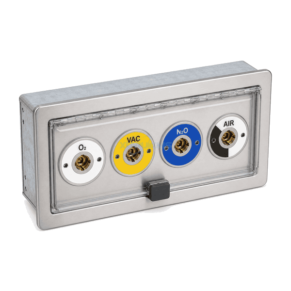 Elevated front-left view of complete horizontal medical gas terminal box with four closed colour-coded sockets and recessed back box