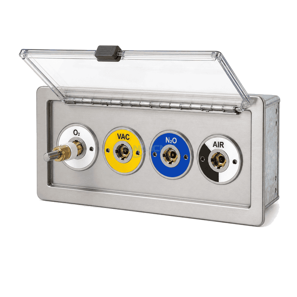 Medical gas terminal box interface view with the shared cover raised and one short keyed probe engaged in the O2 outlet