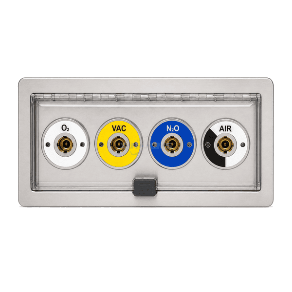 Straight front elevation of four-port medical gas terminal box showing the colour-coded outlet row and centered protective-cover latch