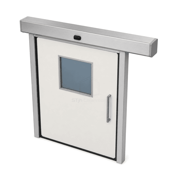 High-angle right-side view of complete medical hermetic automatic door and full overhead operator housing
