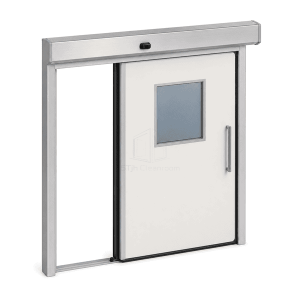 Partially open medical hermetic automatic door showing the jamb gasket, leaf edge and lower guide interface