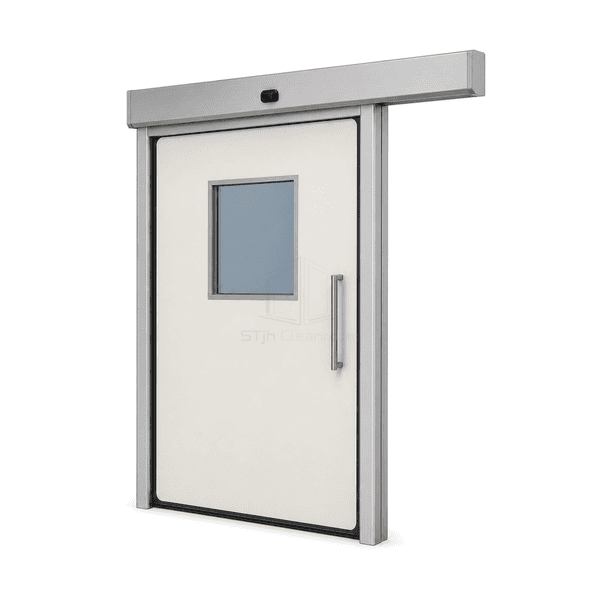Medical hermetic automatic door side view showing the 60 mm leaf depth and charcoal perimeter seal