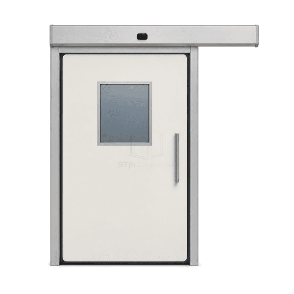 Front view of closed medical hermetic automatic door with flush glazing and vertical stainless handle