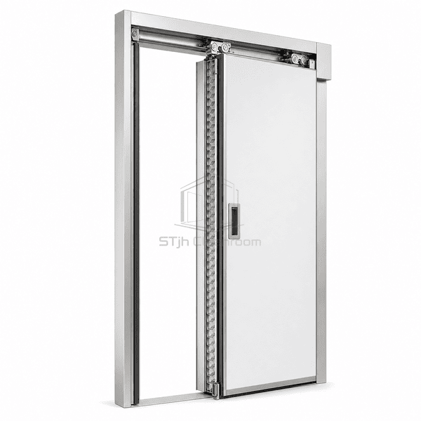 Medical hermetic sliding door side section showing sandwich leaf and compression seals