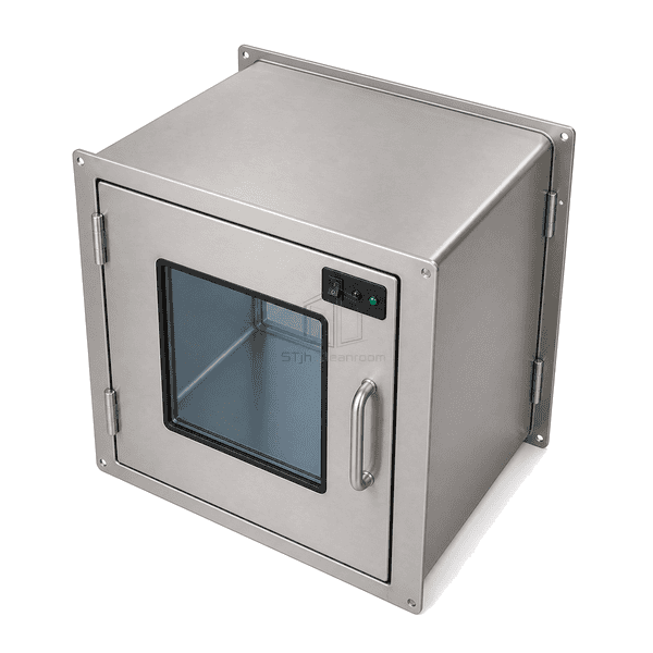 High-angle complete medical pass box view showing stainless top and front-to-rear chamber depth