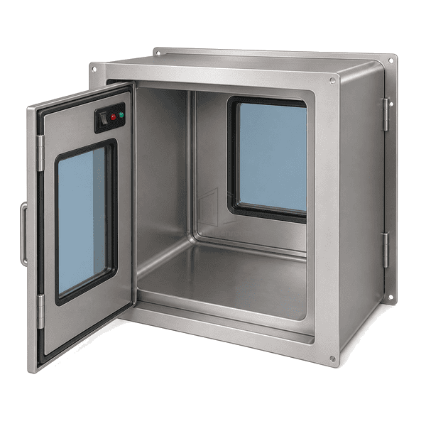 Open-front medical pass box showing coved 316L chamber, perimeter gasket and closed rear door