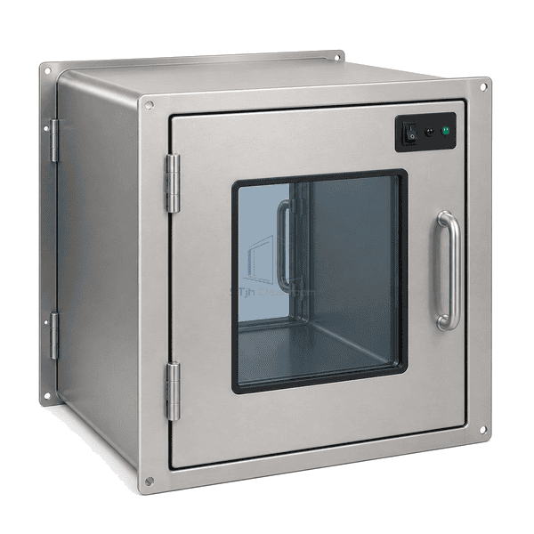 Side-depth view of 316L medical pass box showing straight-through chamber and opposing door flanges
