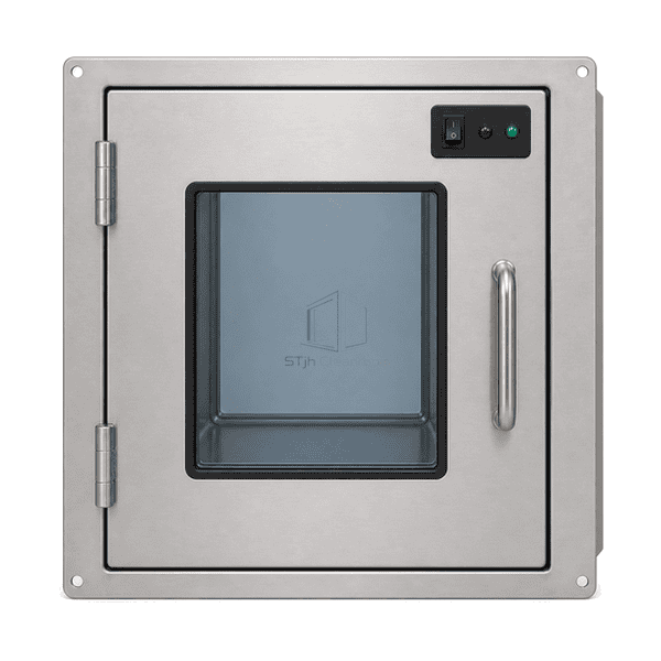 Front elevation of medical pass box showing square window, D handle, two hinges and red-green status lights