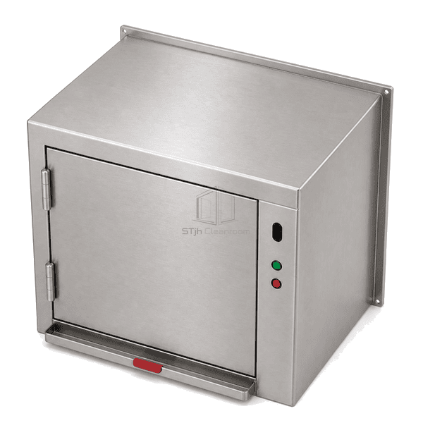 High-angle medical waste pass box view showing brushed stainless top, solid door and through-wall housing depth