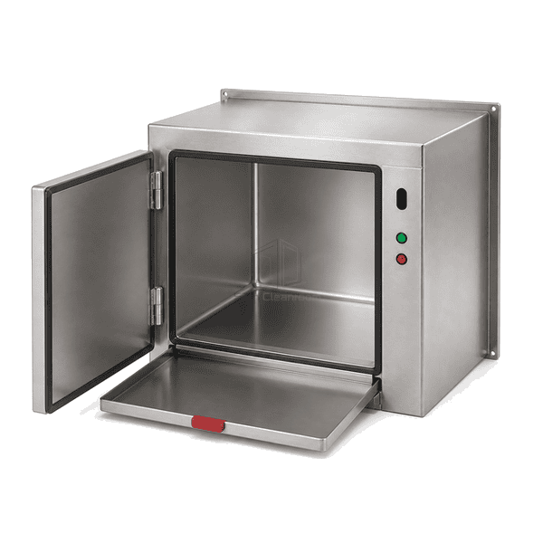Medical waste pass box with solid door open and removable raised-edge spill tray extended beneath coved chamber
