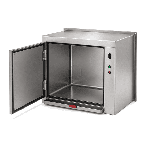Open-door side view of 316L medical waste pass box showing coved empty chamber and seated spill tray