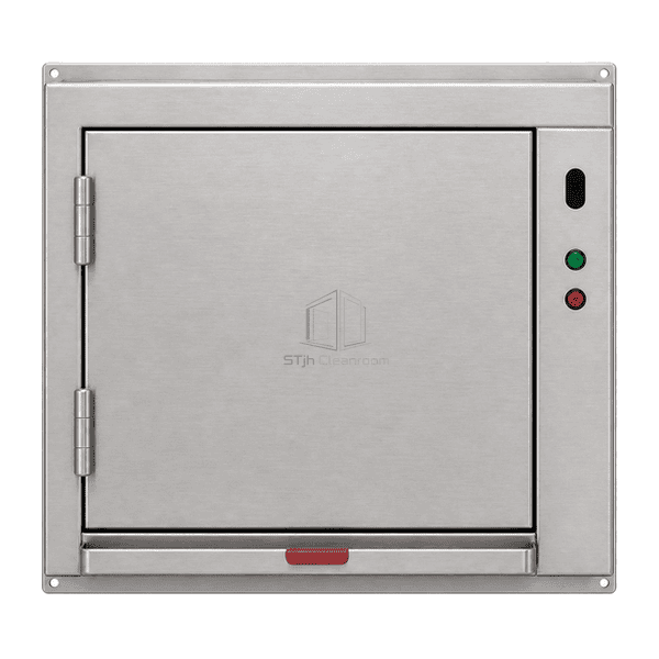Front elevation of medical waste pass box showing blind door, twin hinges, no-touch sensor and green-red status lights