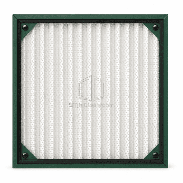 Straight downstream view of white pleat backs expanded-wire support black perimeter gasket and corner retainers