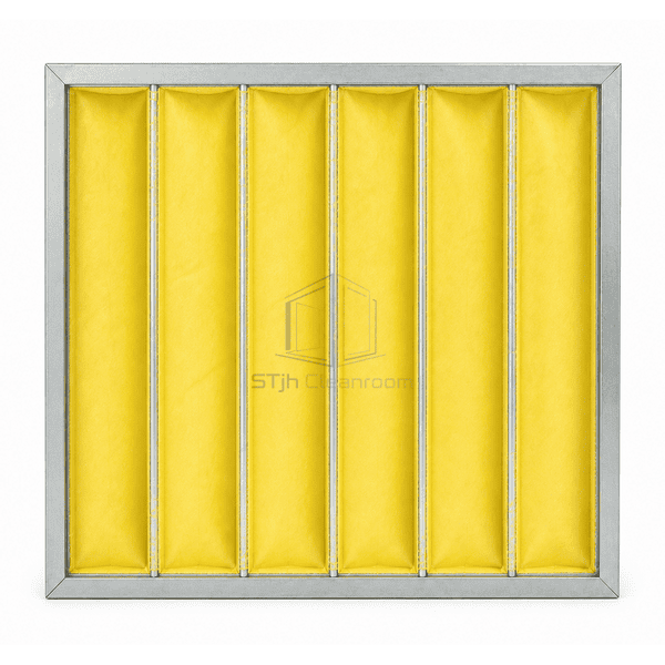 Straight downstream view of six closed yellow filter pockets with individual seams and galvanized header frame