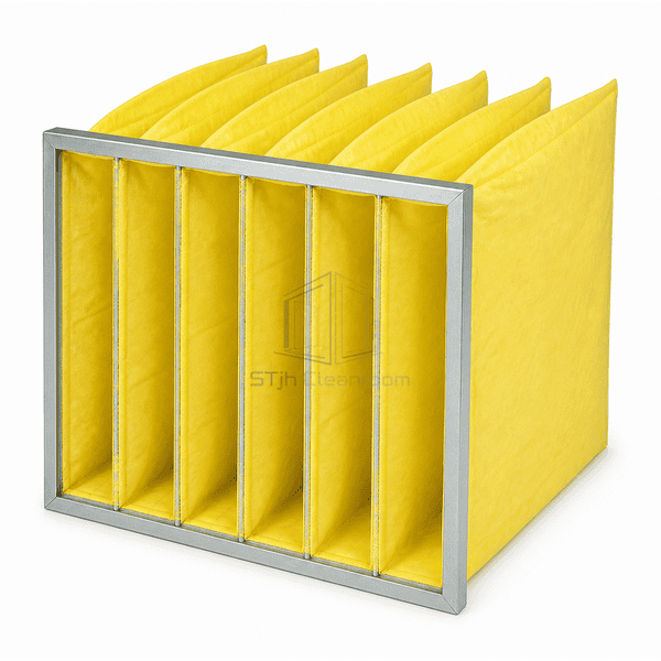 Three-quarter view of a medium-efficiency multi-pocket air filter