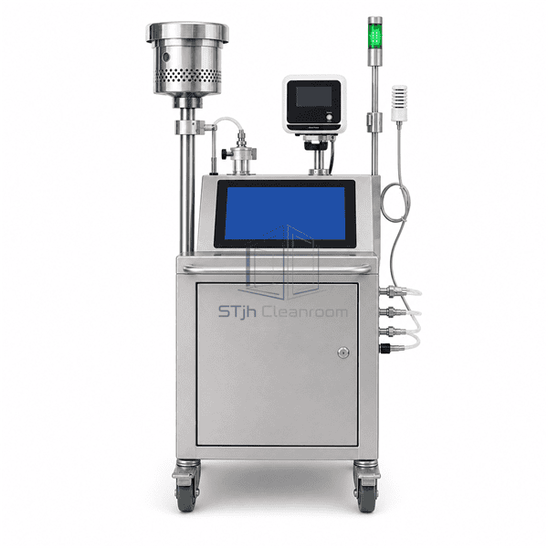 Front view of microbial monitoring station with sampling heads sensors and stack light