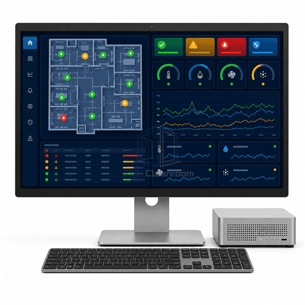 Front view of monitoring software dashboard workstation and compact data server
