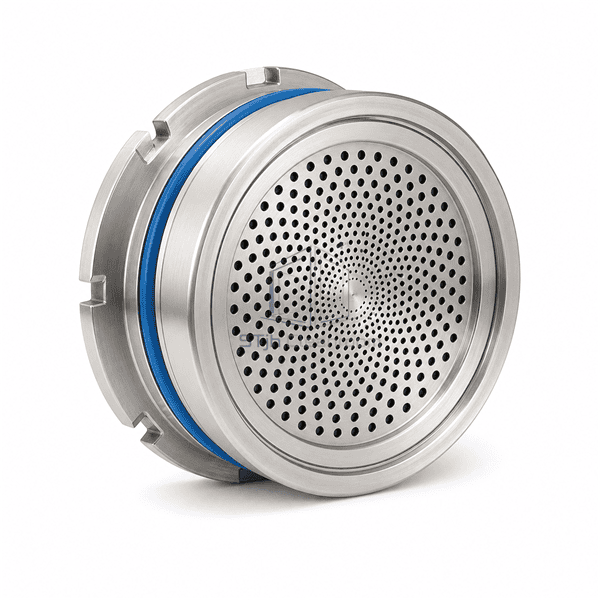 Horizontal microbial sampler head showing perforated sieve face and mounting rim