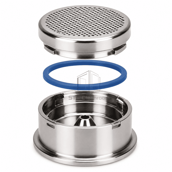 Exploded microbial sampler head with sieve lid silicone gasket and machined base