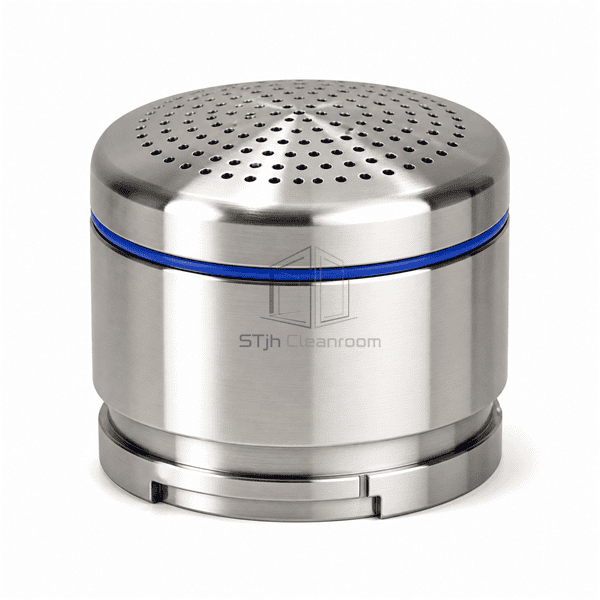 Side profile showing stainless sampler head body blue seal and bayonet base
