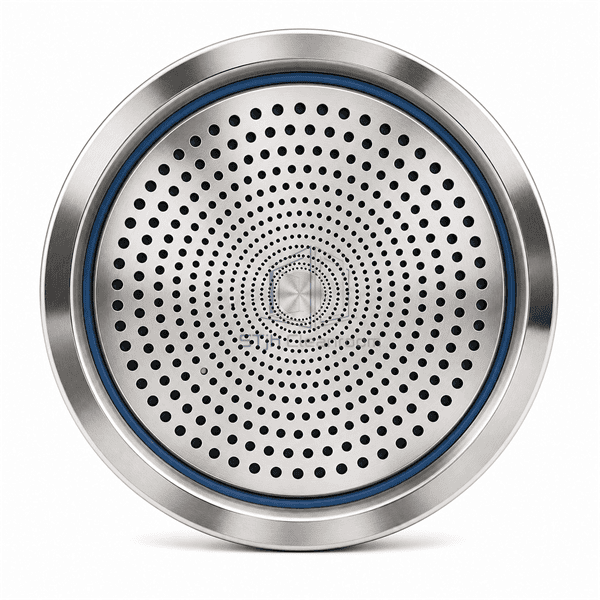 Front face of microbial sampler head showing concentric precision sieve holes