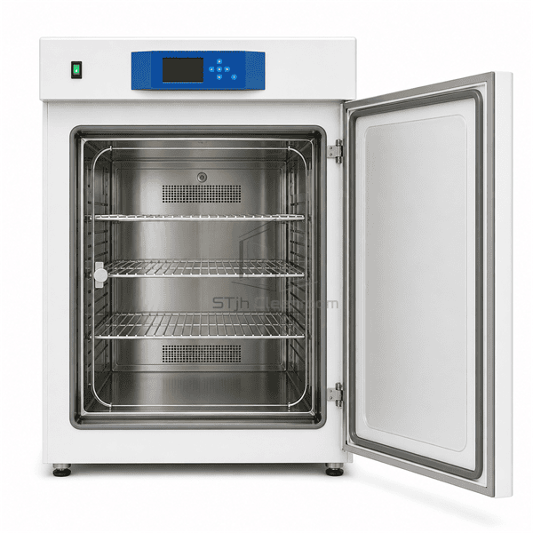 Complete microbiological incubator with open door and stainless interior shelving