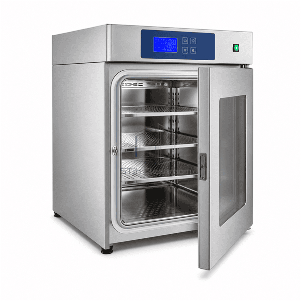 Incubator door and controller detail with full stainless chamber visible