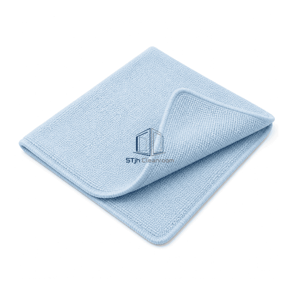 Close construction view of one folded pale-blue microfiber cleanroom wipe showing the fine split-fiber face and sealed perimeter edge