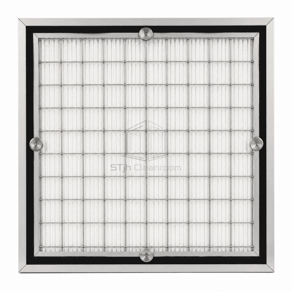 Straight downstream view of the mini-pleat HEPA filter with coarse support grid circular retainers potting and black gasket