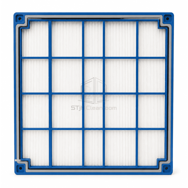 Straight downstream view of mini-pleat backs blue molded support lattice perimeter seal and compression gasket