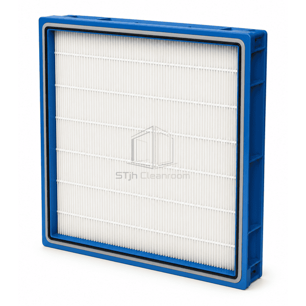 Three-quarter view of a compact mini-pleat medium-efficiency air filter
