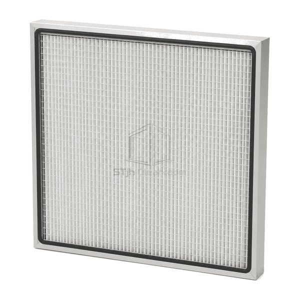Three-quarter view of mini-pleat ULPA filter in anodized-aluminium frame