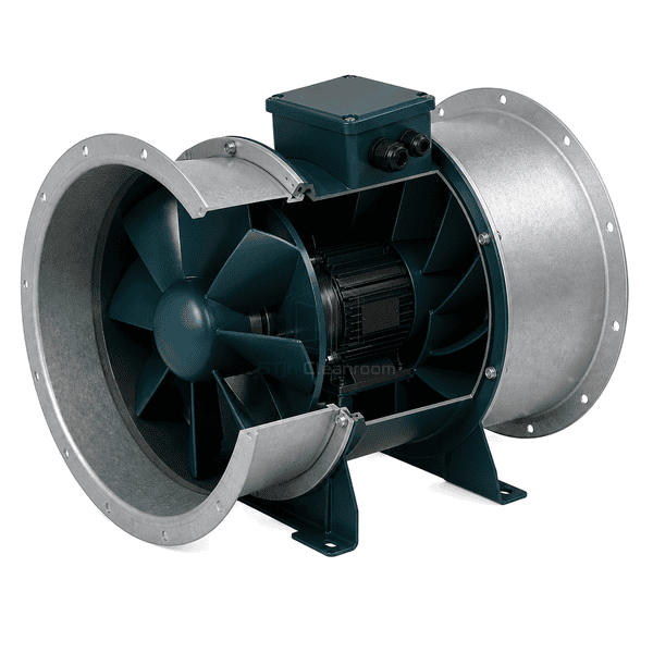 Side view showing the external motor and tubular body of the mixed-flow fan