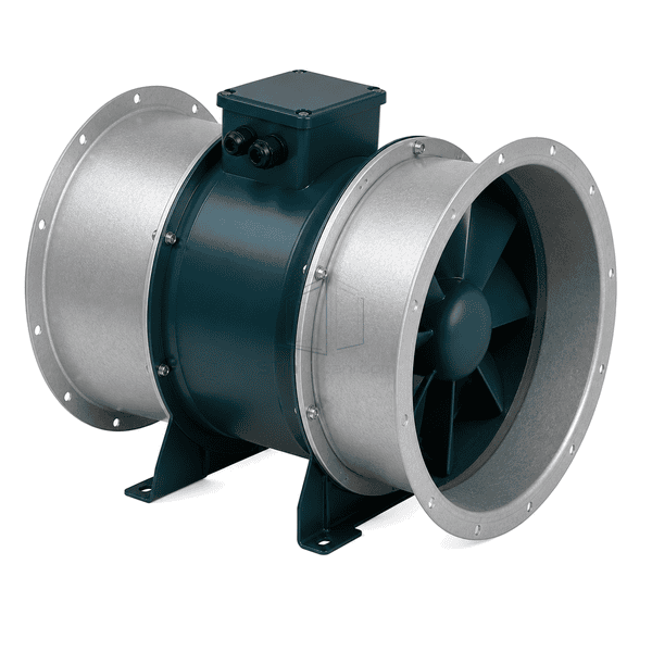 Complete horizontal mixed-flow inline fan with inlet and discharge flanges