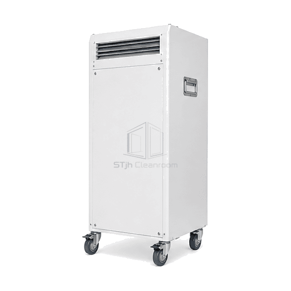 Top-side view of mobile cleanroom purifier adjustable discharge grille handles and caster base