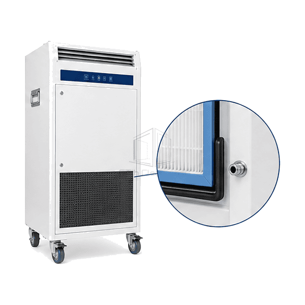 Complete mobile air purifier with magnified gasketed filter cassette and caster brake
