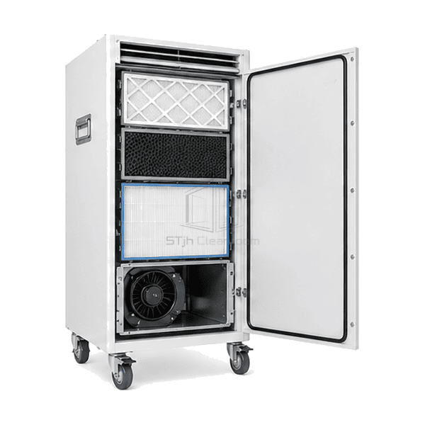 Open side view showing prefilter carbon stage HEPA filter and EC fan inside mobile purifier
