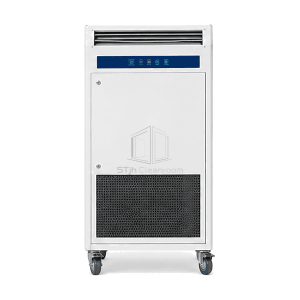 Front view of mobile HEPA purifier upper outlet display and lower black intake grille