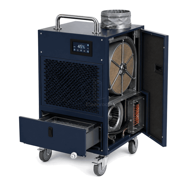 Open cabinet showing the fan coil and refrigeration components in the mobile dehumidifier
