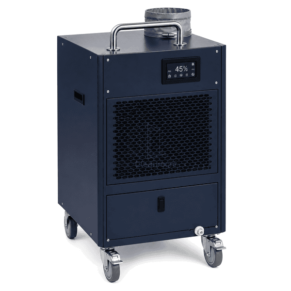 Opposite-side view of the complete wheeled cleanroom dehumidifier