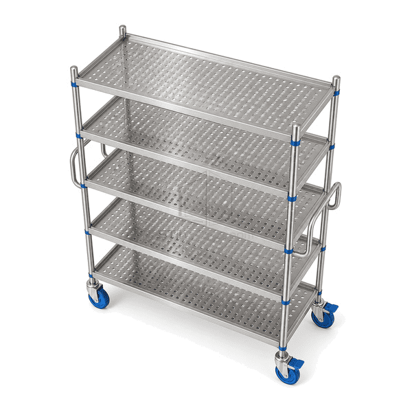 Elevated view of mobile rack perforated shelf layout