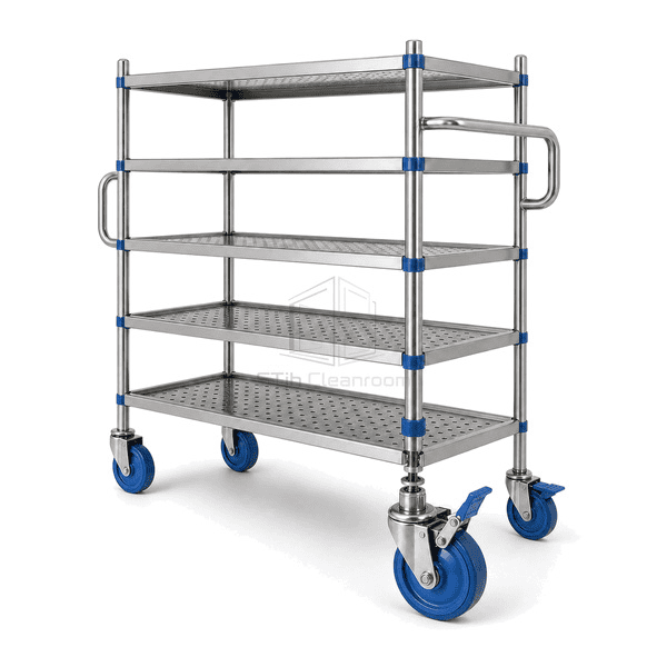Mobile cleanroom rack connection showing shelf collar caster stem and total-lock brake