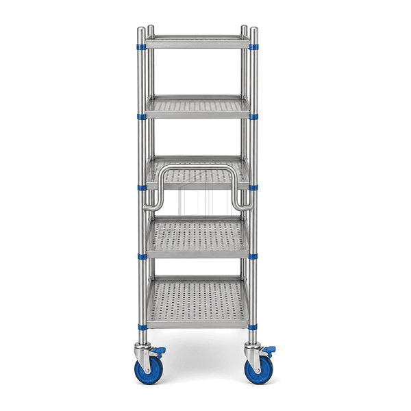 End view showing cleanroom rack handle caster alignment and shelf depth