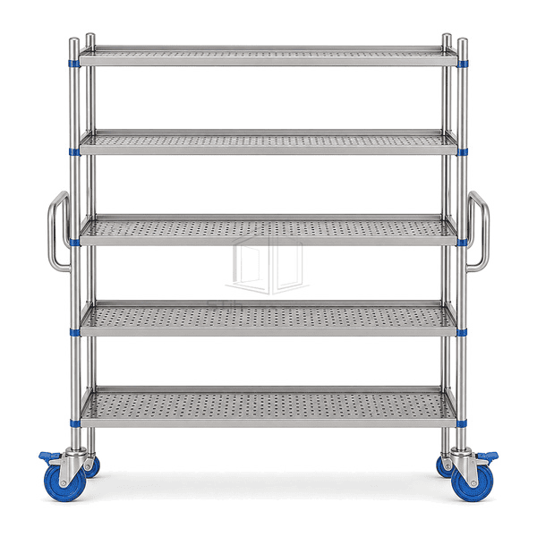 Front view of mobile cleanroom rack perforated shelves and handles