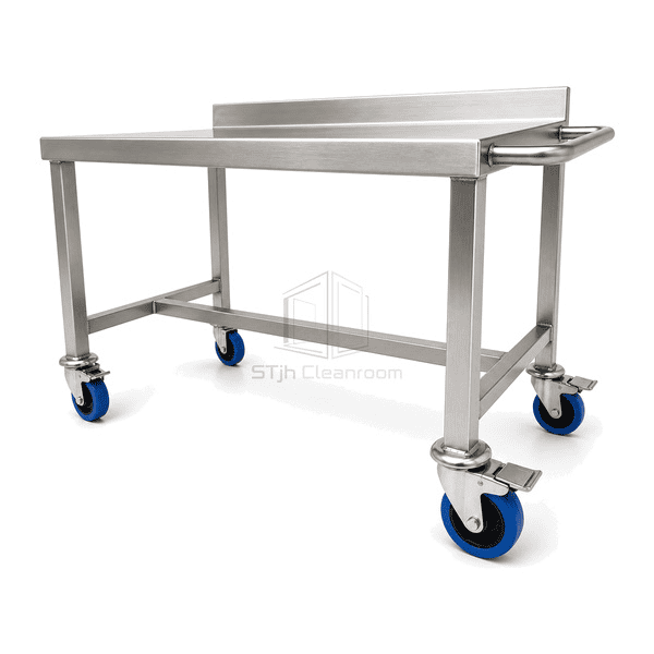 Detail of stainless caster fork total lock and welded frame corner
