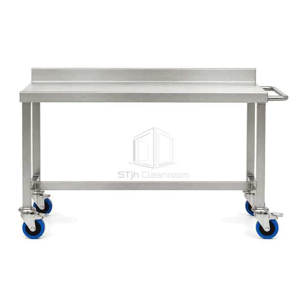 Front view of mobile workbench and open welded base