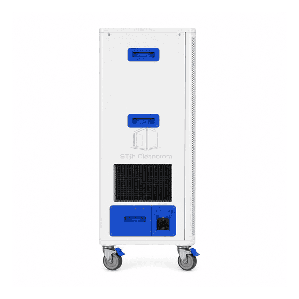 Complete side profile of the wheeled FFU with recessed handle and protected power inlet