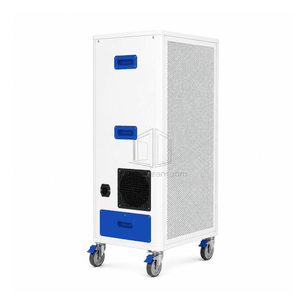 Mobile FFU showing filter latch caster brake and lower battery compartment connections