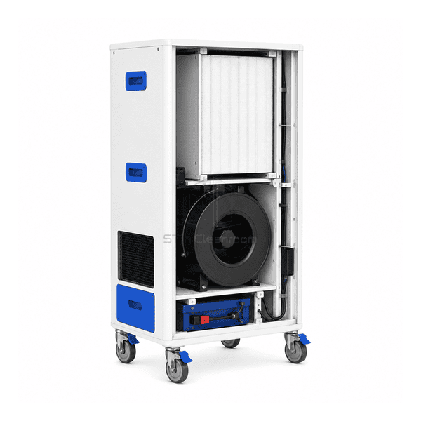 Open side view of the mobile fan filter unit showing EC blower battery bay and HEPA pack